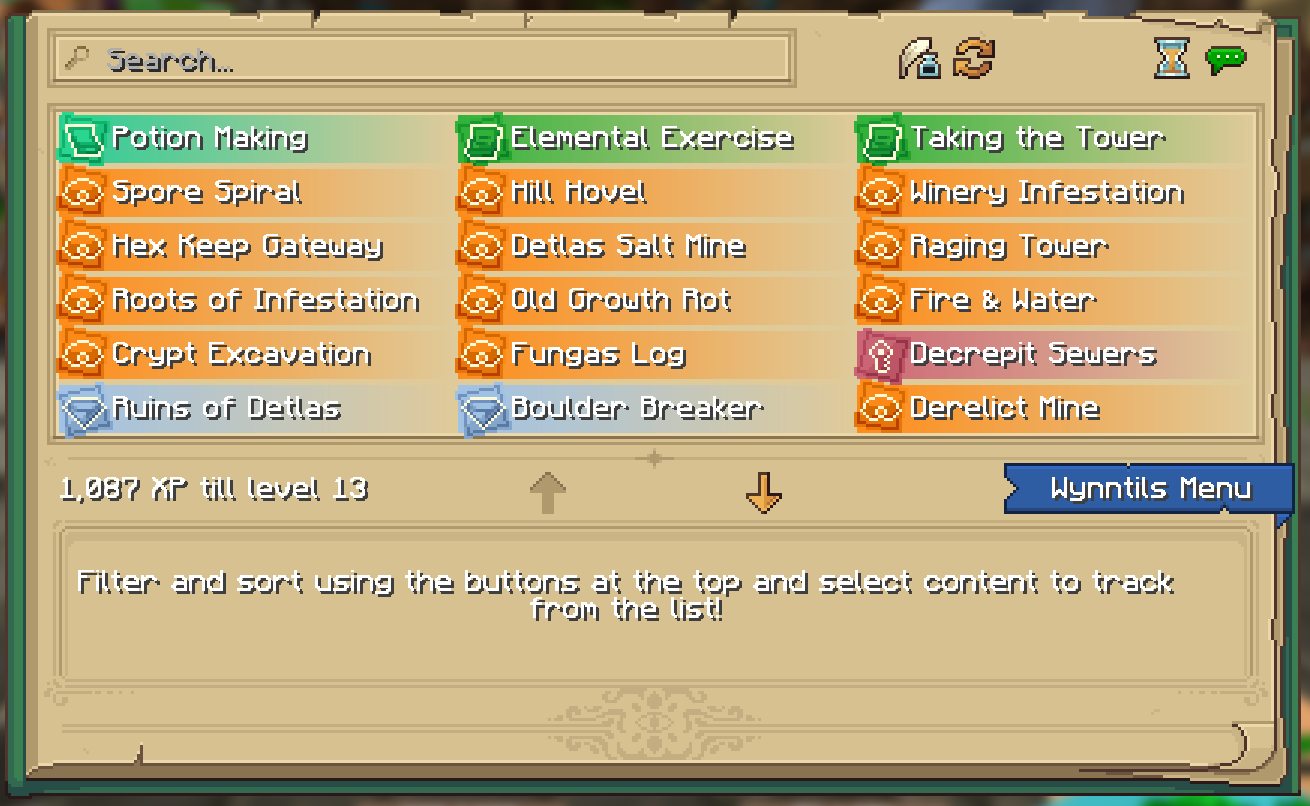 Wynntils quest and content tracker showing categorized content list