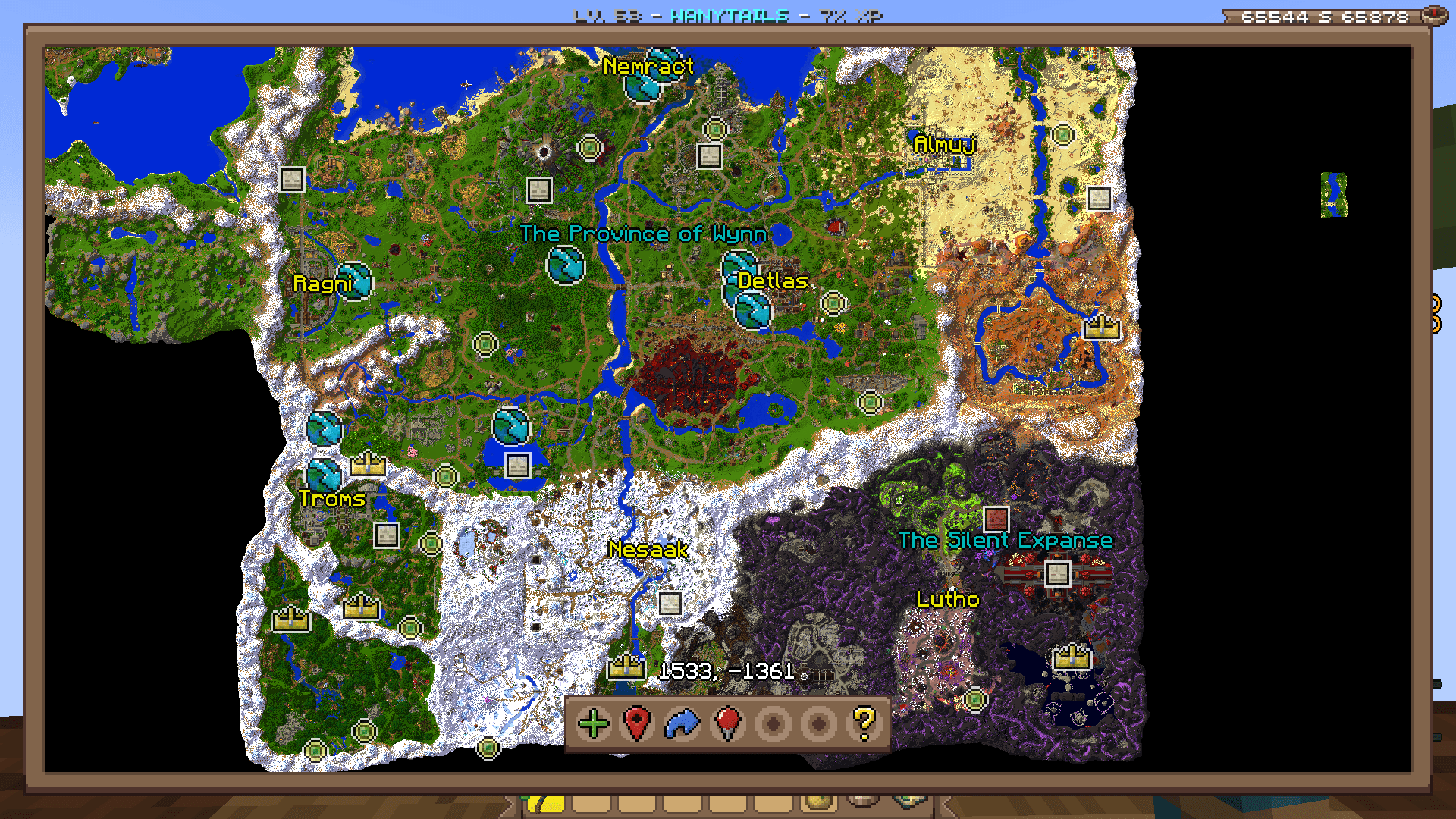 Wynntils interactive world map showing territories, waypoints, and POIs